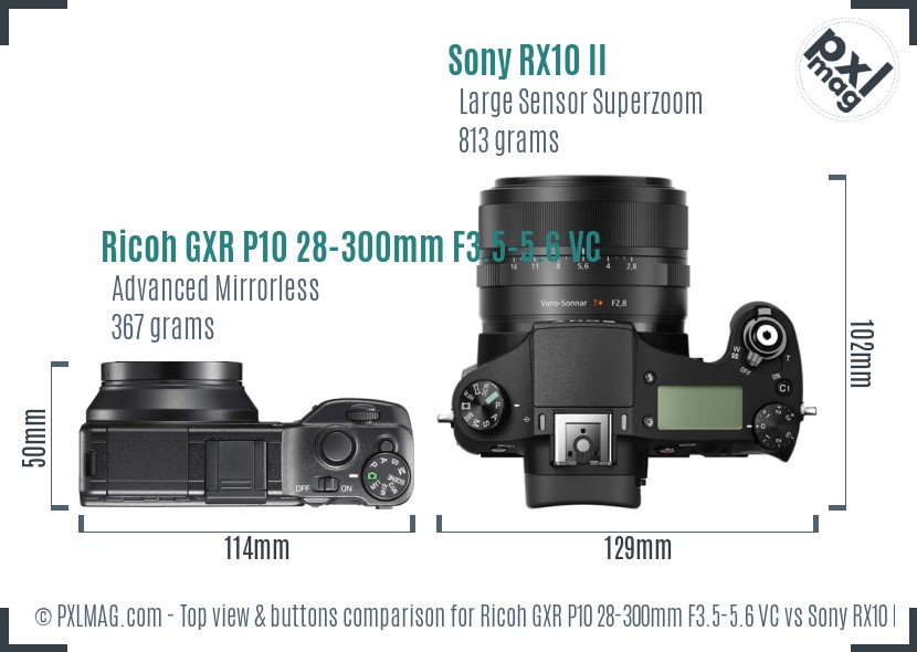 Ricoh GXR P10 28-300mm F3.5-5.6 VC vs Sony RX10 II top view buttons comparison