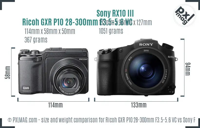 Ricoh GXR P10 28-300mm F3.5-5.6 VC vs Sony RX10 III size comparison