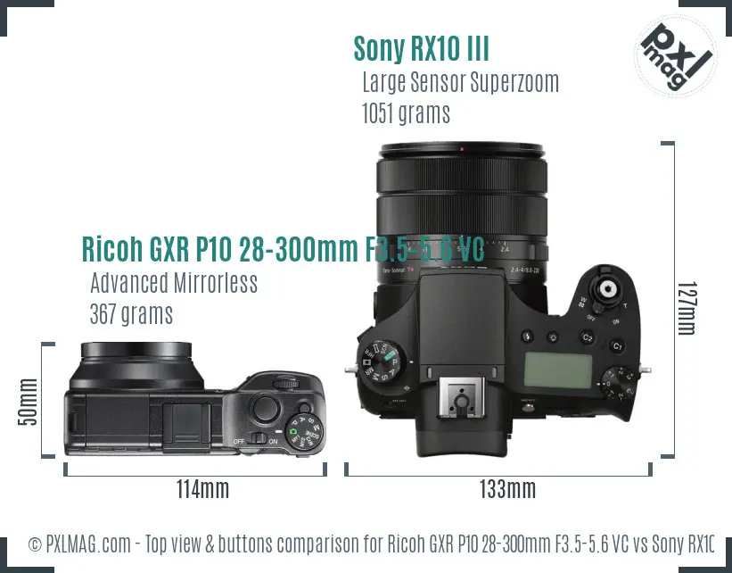 Ricoh GXR P10 28-300mm F3.5-5.6 VC vs Sony RX10 III top view buttons comparison