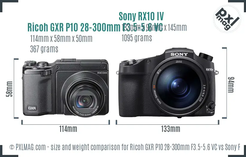 Ricoh GXR P10 28-300mm F3.5-5.6 VC vs Sony RX10 IV size comparison