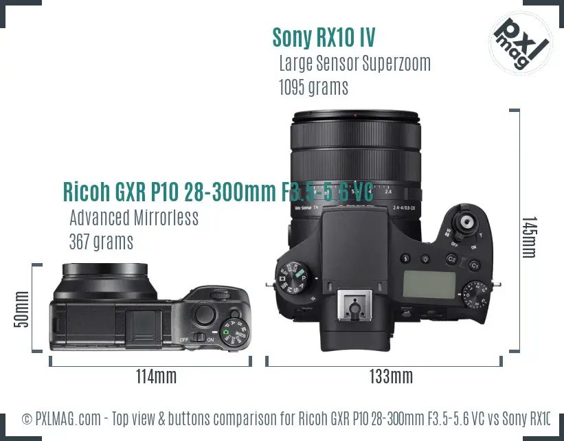 Ricoh GXR P10 28-300mm F3.5-5.6 VC vs Sony RX10 IV top view buttons comparison