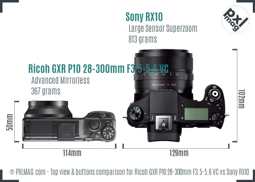 Ricoh GXR P10 28-300mm F3.5-5.6 VC vs Sony RX10 top view buttons comparison Ricoh GXR P10 28-300mm F3.5-5.6 VC vs Sony RX10 top view buttons comparison