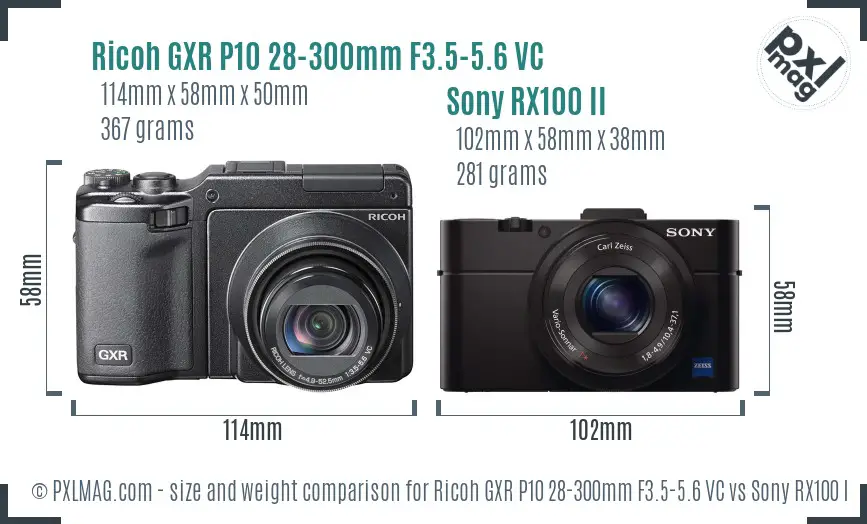 Ricoh GXR P10 28-300mm F3.5-5.6 VC vs Sony RX100 II size comparison Ricoh GXR P10 28-300mm F3.5-5.6 VC vs Sony RX100 II size comparison