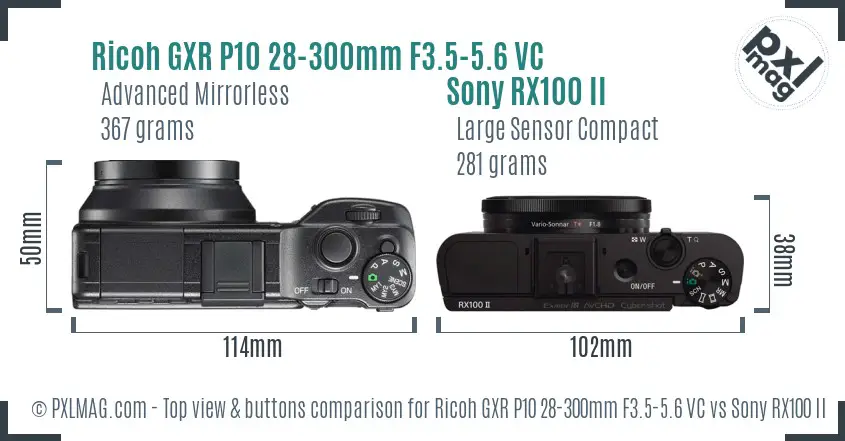 Ricoh GXR P10 28-300mm F3.5-5.6 VC vs Sony RX100 II top view buttons comparison Ricoh GXR P10 28-300mm F3.5-5.6 VC vs Sony RX100 II top view buttons comparison
