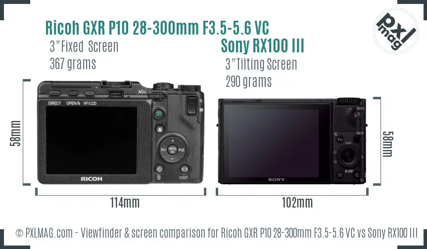 Ricoh GXR P10 28-300mm F3.5-5.6 VC vs Sony RX100 III Screen and Viewfinder comparison