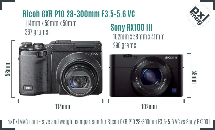 Ricoh GXR P10 28-300mm F3.5-5.6 VC vs Sony RX100 III size comparison