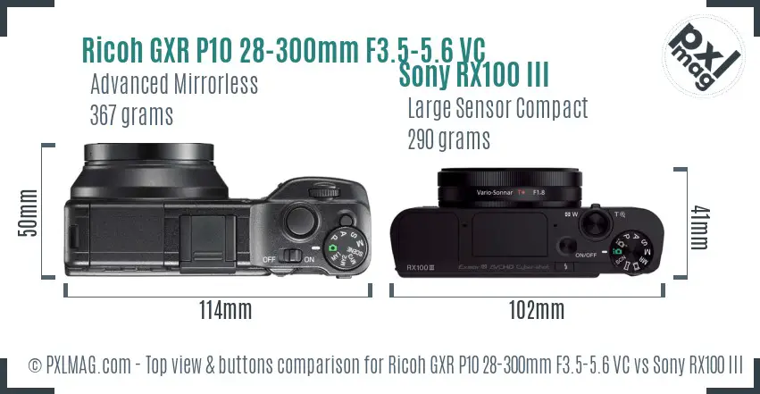 Ricoh GXR P10 28-300mm F3.5-5.6 VC vs Sony RX100 III top view buttons comparison