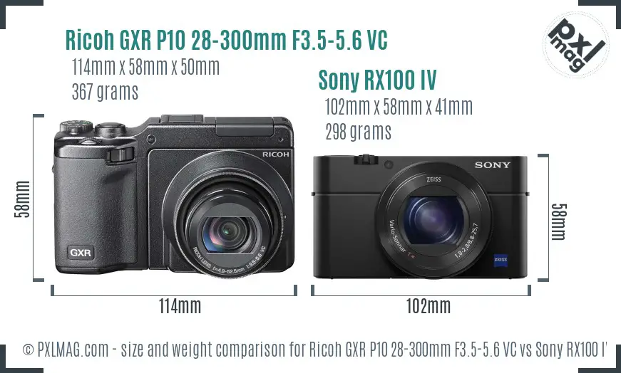 Ricoh GXR P10 28-300mm F3.5-5.6 VC vs Sony RX100 IV size comparison
