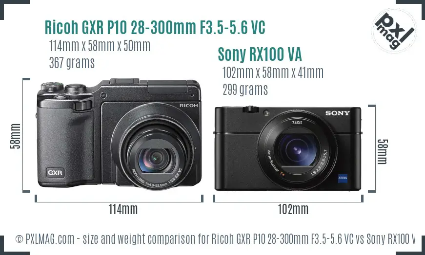 Ricoh GXR P10 28-300mm F3.5-5.6 VC vs Sony RX100 VA size comparison