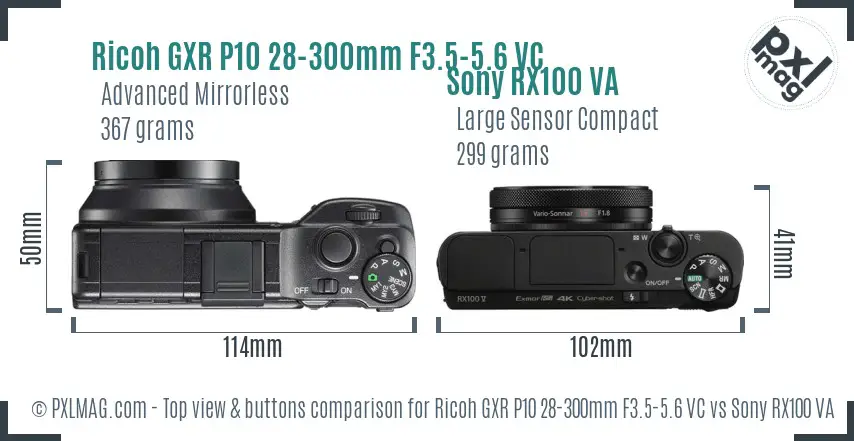 Ricoh GXR P10 28-300mm F3.5-5.6 VC vs Sony RX100 VA top view buttons comparison