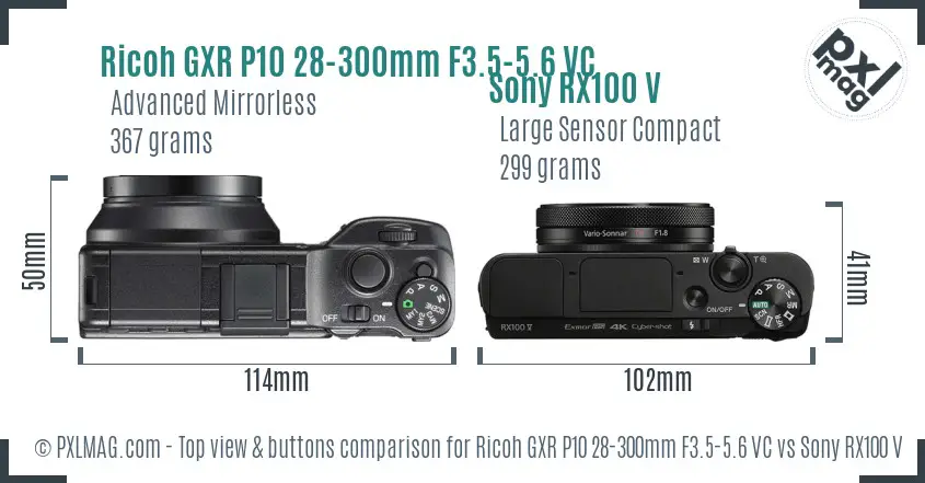 Ricoh GXR P10 28-300mm F3.5-5.6 VC vs Sony RX100 V top view buttons comparison