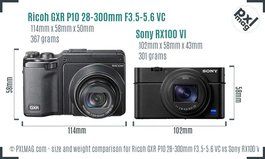 Ricoh GXR P10 28-300mm F3.5-5.6 VC vs Sony RX100 VI size comparison