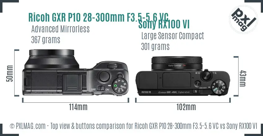 Ricoh GXR P10 28-300mm F3.5-5.6 VC vs Sony RX100 VI top view buttons comparison