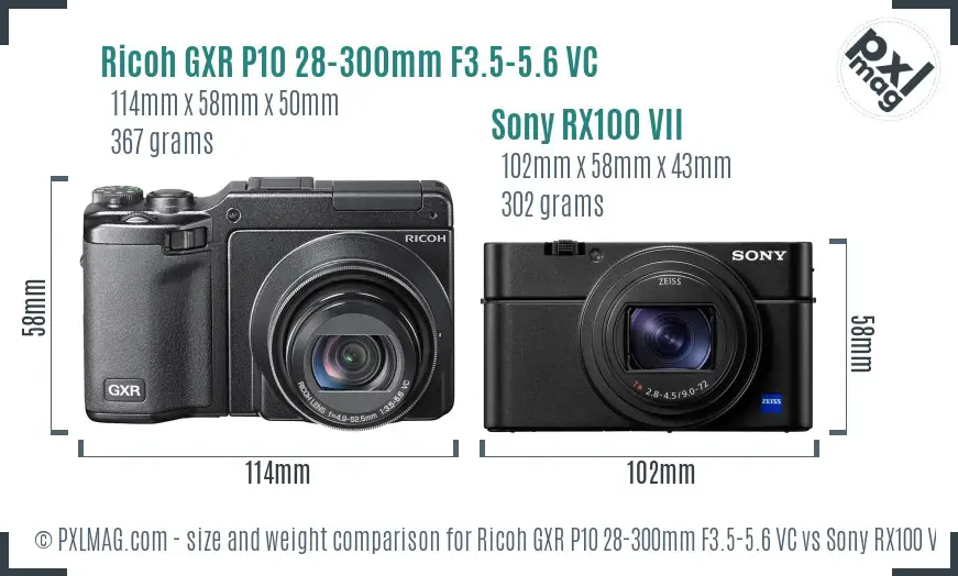 Ricoh GXR P10 28-300mm F3.5-5.6 VC vs Sony RX100 VII size comparison