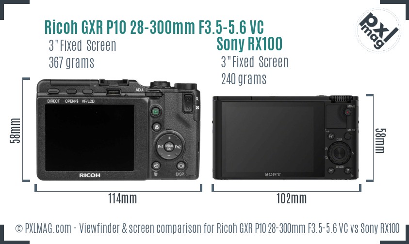 Ricoh GXR P10 28-300mm F3.5-5.6 VC vs Sony RX100 Screen and Viewfinder comparison