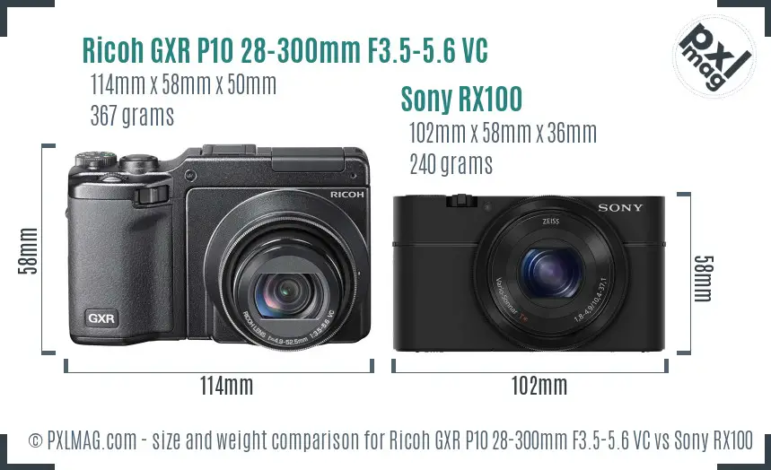 Ricoh GXR P10 28-300mm F3.5-5.6 VC vs Sony RX100 size comparison
