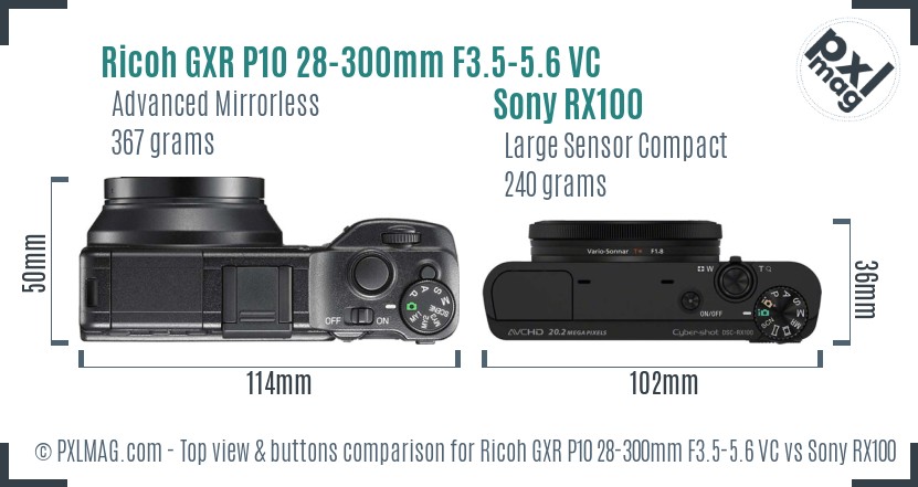 Ricoh GXR P10 28-300mm F3.5-5.6 VC vs Sony RX100 top view buttons comparison