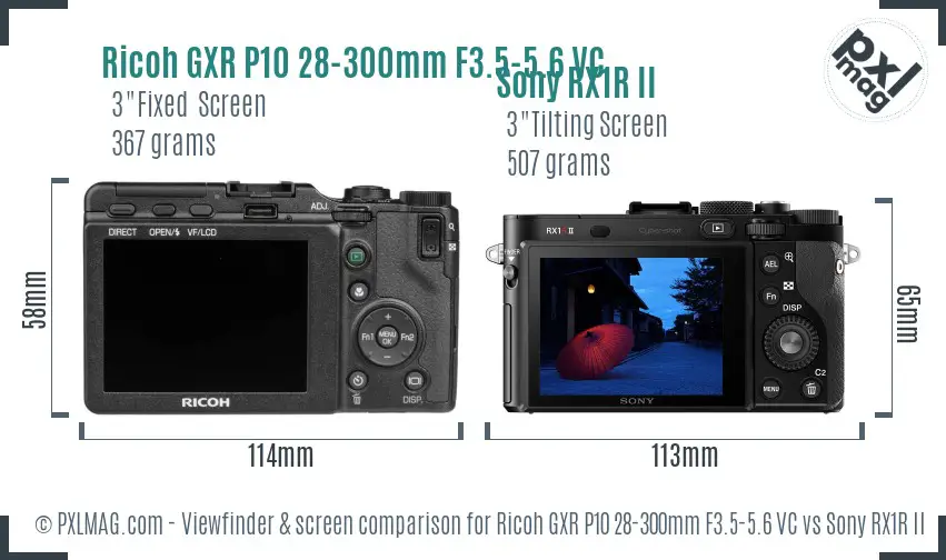 Ricoh GXR P10 28-300mm F3.5-5.6 VC vs Sony RX1R II Screen and Viewfinder comparison