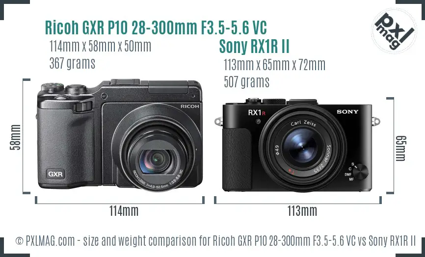 Ricoh GXR P10 28-300mm F3.5-5.6 VC vs Sony RX1R II size comparison