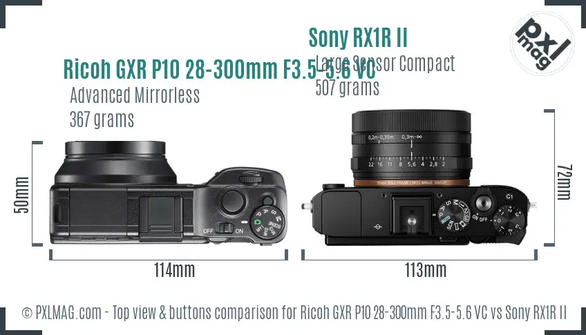 Ricoh GXR P10 28-300mm F3.5-5.6 VC vs Sony RX1R II top view buttons comparison