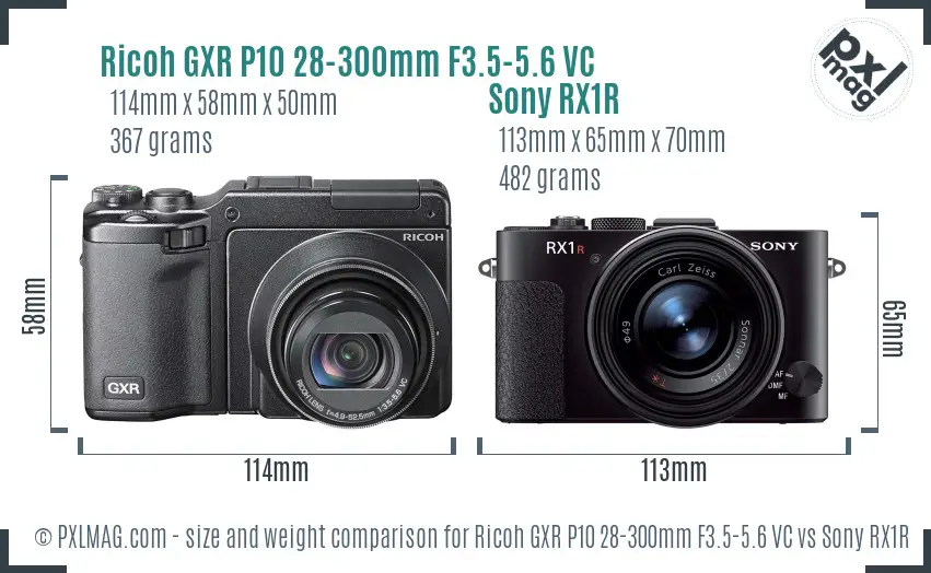 Ricoh GXR P10 28-300mm F3.5-5.6 VC vs Sony RX1R size comparison