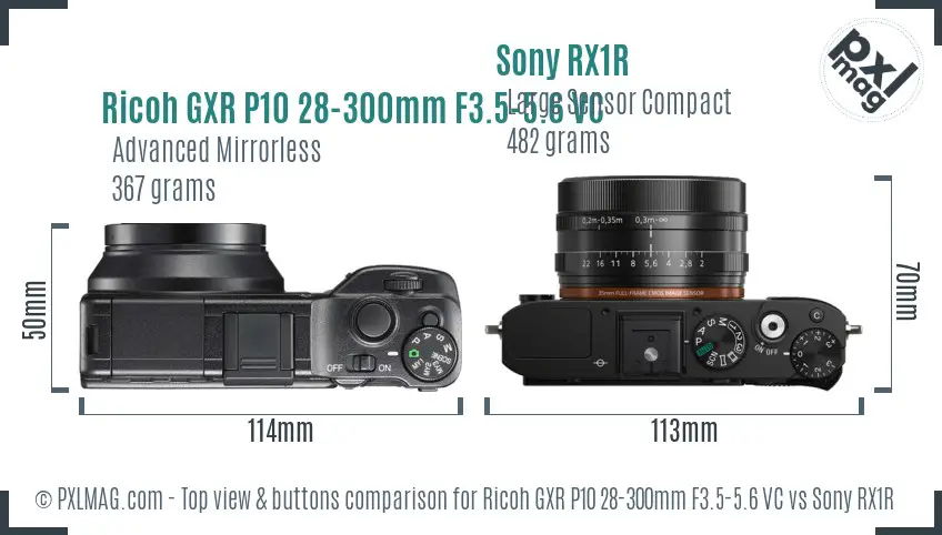 Ricoh GXR P10 28-300mm F3.5-5.6 VC vs Sony RX1R top view buttons comparison