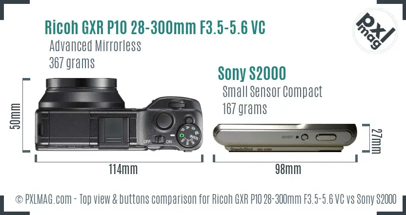 Ricoh GXR P10 28-300mm F3.5-5.6 VC vs Sony S2000 top view buttons comparison
