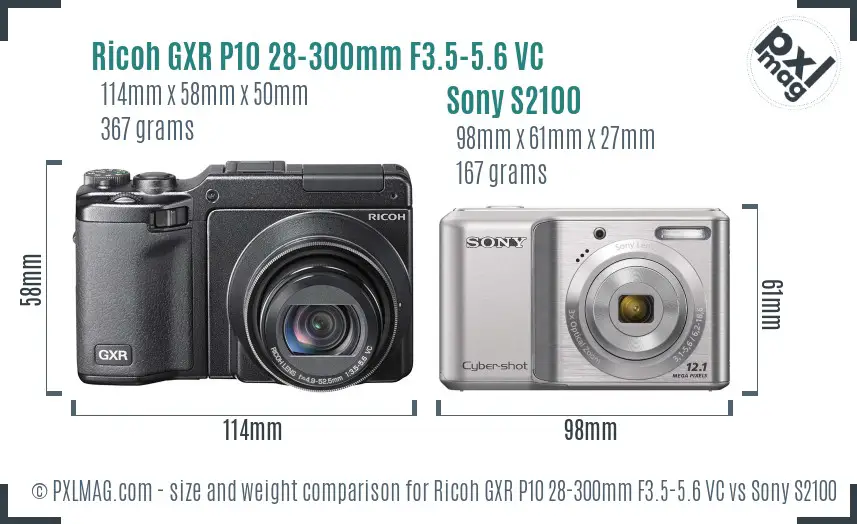 Ricoh GXR P10 28-300mm F3.5-5.6 VC vs Sony S2100 size comparison