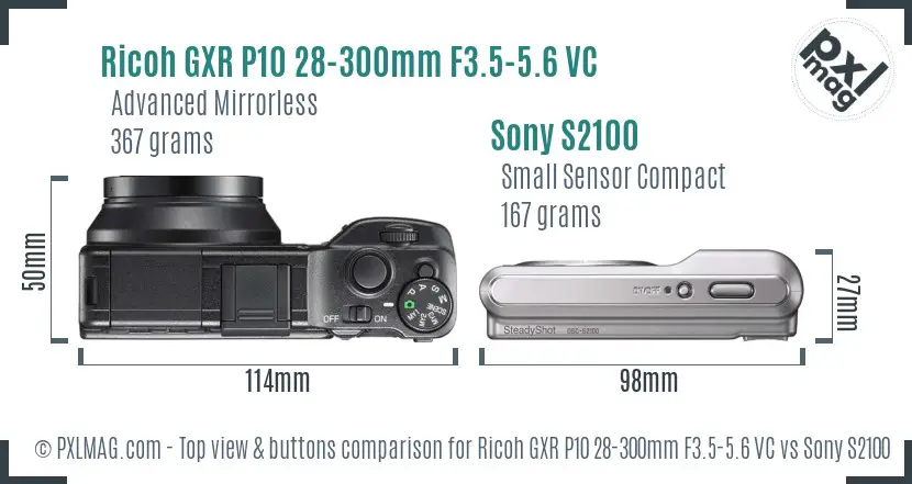 Ricoh GXR P10 28-300mm F3.5-5.6 VC vs Sony S2100 top view buttons comparison