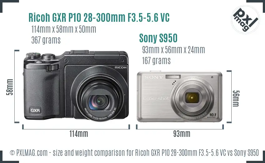 Ricoh GXR P10 28-300mm F3.5-5.6 VC vs Sony S950 size comparison