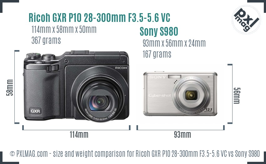Ricoh GXR P10 28-300mm F3.5-5.6 VC vs Sony S980 size comparison