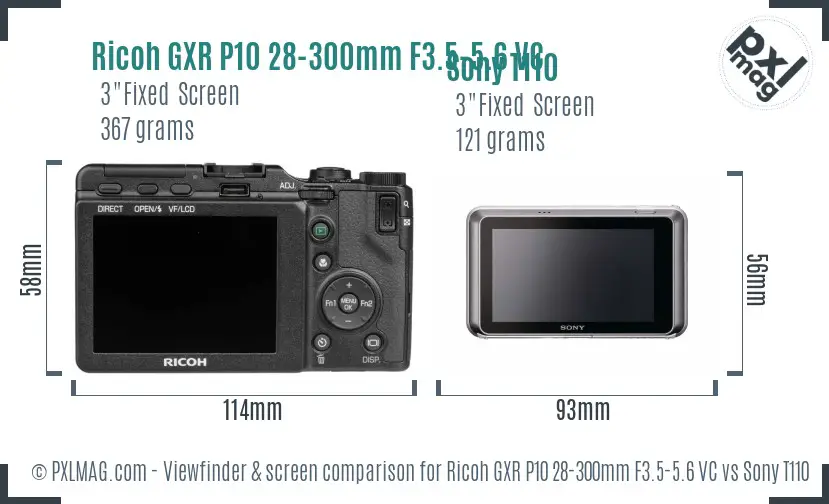 Ricoh GXR P10 28-300mm F3.5-5.6 VC vs Sony T110 Screen and Viewfinder comparison