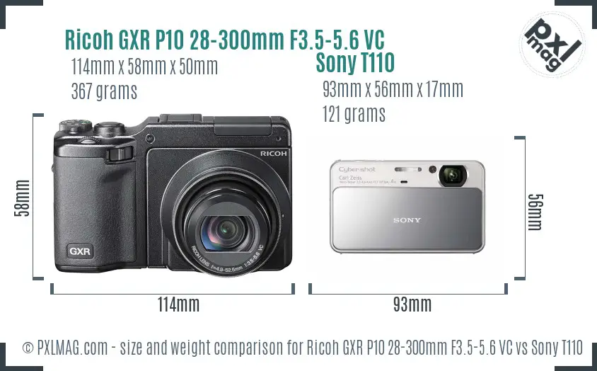 Ricoh GXR P10 28-300mm F3.5-5.6 VC vs Sony T110 size comparison