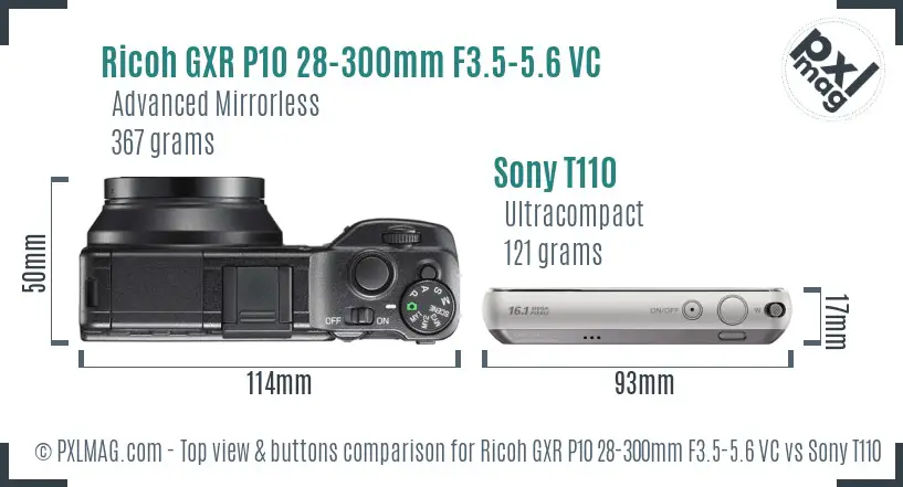 Ricoh GXR P10 28-300mm F3.5-5.6 VC vs Sony T110 top view buttons comparison