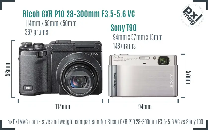 Ricoh GXR P10 28-300mm F3.5-5.6 VC vs Sony T90 size comparison