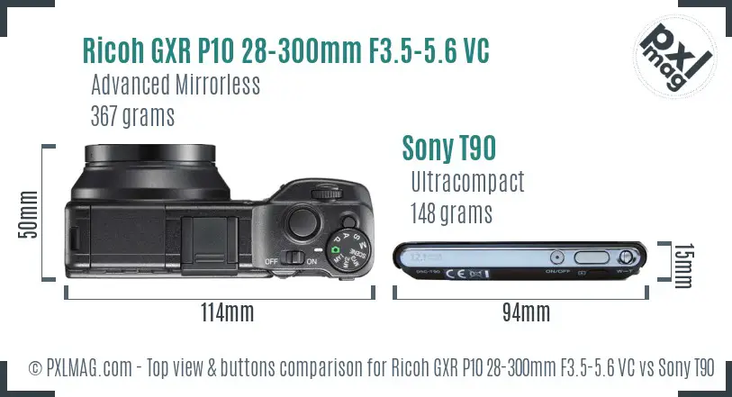 Ricoh GXR P10 28-300mm F3.5-5.6 VC vs Sony T90 top view buttons comparison