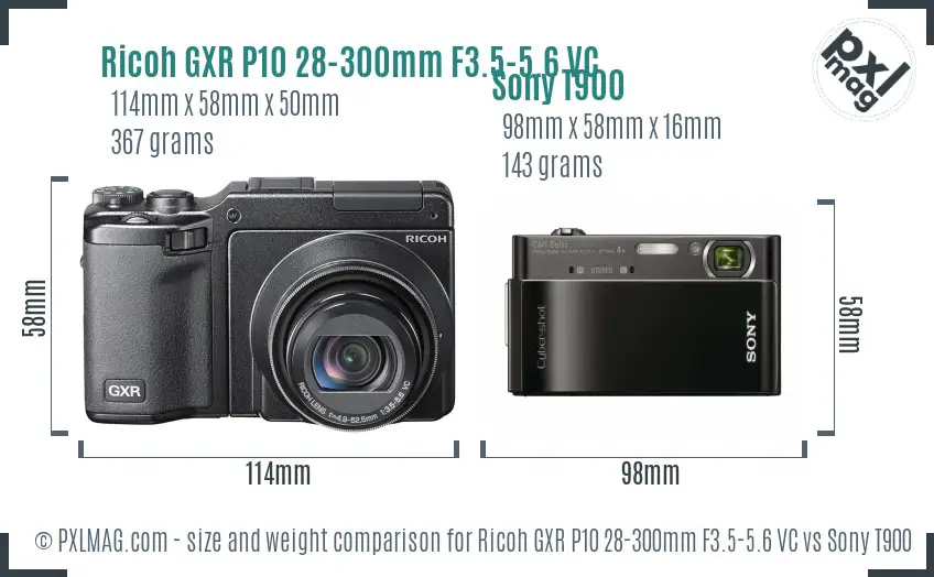Ricoh GXR P10 28-300mm F3.5-5.6 VC vs Sony T900 size comparison