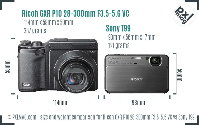 Ricoh GXR P10 28-300mm F3.5-5.6 VC vs Sony T99 size comparison