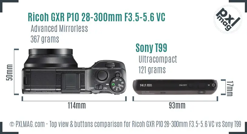 Ricoh GXR P10 28-300mm F3.5-5.6 VC vs Sony T99 top view buttons comparison