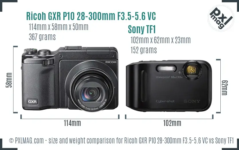 Ricoh GXR P10 28-300mm F3.5-5.6 VC vs Sony TF1 size comparison