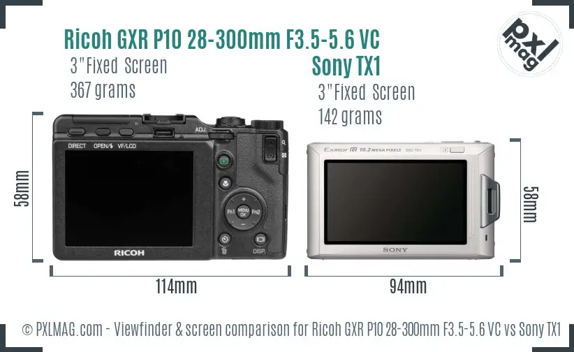 Ricoh GXR P10 28-300mm F3.5-5.6 VC vs Sony TX1 Screen and Viewfinder comparison