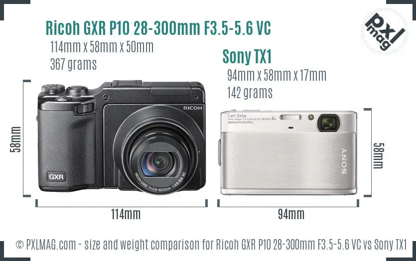 Ricoh GXR P10 28-300mm F3.5-5.6 VC vs Sony TX1 size comparison