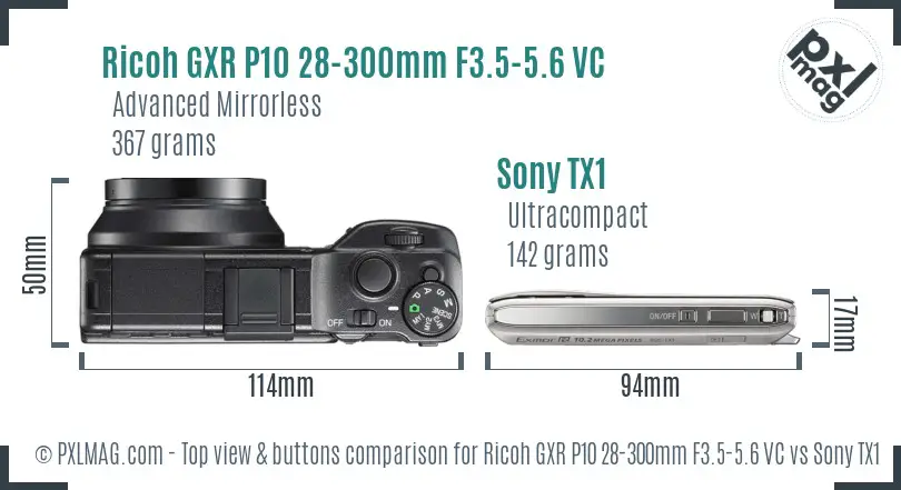 Ricoh GXR P10 28-300mm F3.5-5.6 VC vs Sony TX1 top view buttons comparison