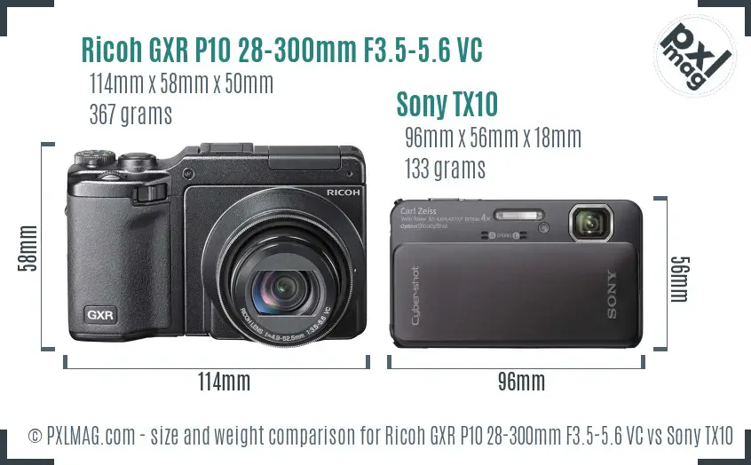 Ricoh GXR P10 28-300mm F3.5-5.6 VC vs Sony TX10 size comparison
