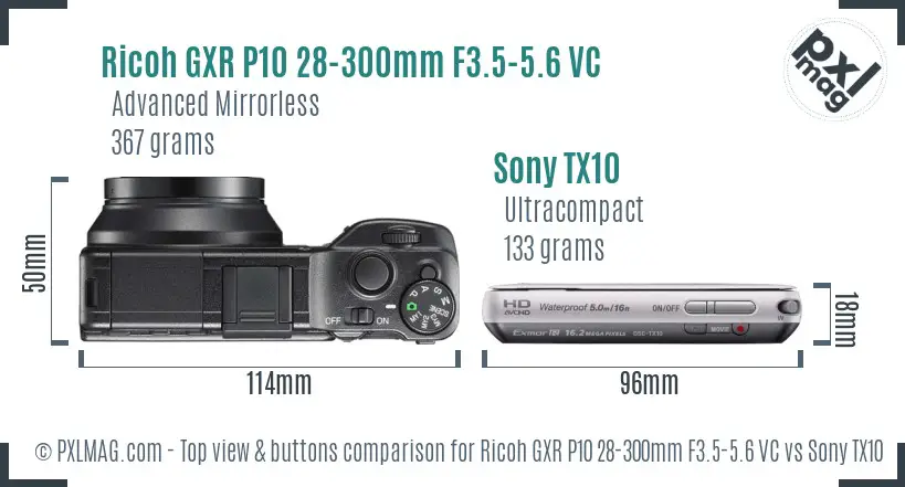 Ricoh GXR P10 28-300mm F3.5-5.6 VC vs Sony TX10 top view buttons comparison