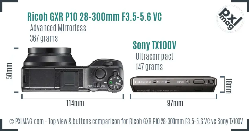 Ricoh GXR P10 28-300mm F3.5-5.6 VC vs Sony TX100V top view buttons comparison