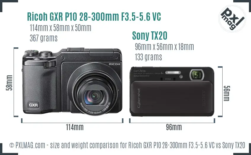 Ricoh GXR P10 28-300mm F3.5-5.6 VC vs Sony TX20 size comparison