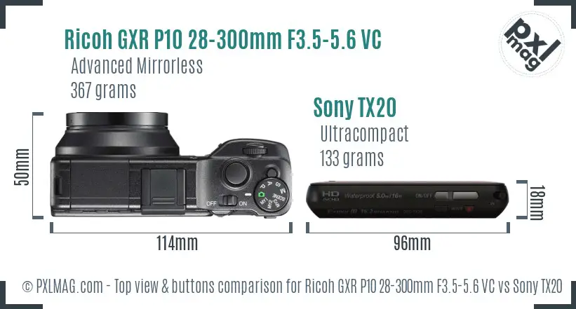 Ricoh GXR P10 28-300mm F3.5-5.6 VC vs Sony TX20 top view buttons comparison