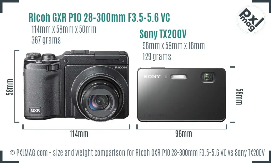 Ricoh GXR P10 28-300mm F3.5-5.6 VC vs Sony TX200V size comparison