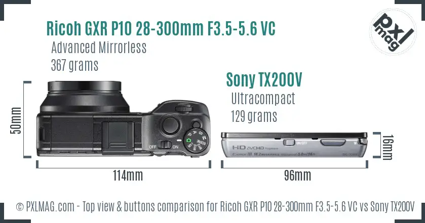 Ricoh GXR P10 28-300mm F3.5-5.6 VC vs Sony TX200V top view buttons comparison